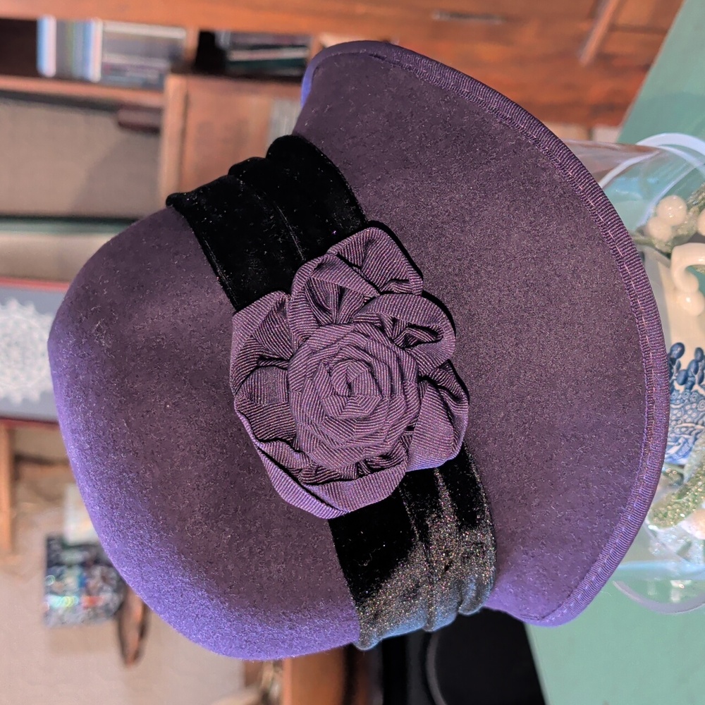 Wool and Velvet Purple Cloche Hat with Floral Accent 1920s Flapper Style